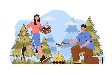 Caravan camping concept. Couple resting in forest, picking mushrooms and frying on campfire situation. Hiking people scene. Vector illustration with flat character design for website and mobile siteのイラスト素材