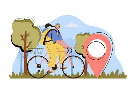 Delivery on time concept. Woman courier carries parcel on bicycle to a client home situation. Express shipment people scene. Vector illustration with flat character design for website and mobile siteのイラスト素材