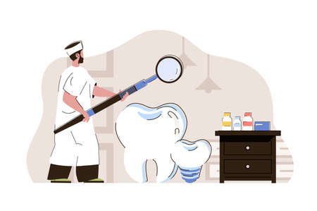 Dental medicine concept. Dentist examines teeth, diagnoses and prescribes treatment situation. Medical services people scene. Vector illustration with flat character design for website and mobile siteのイラスト素材
