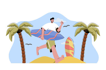 Go surfing concept. Man with surfboard running into ocean situation. Active water sports, recreation at sea people scene. Vector illustration with flat character design for website and mobile siteのイラスト素材
