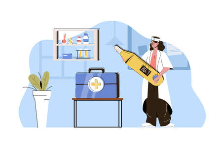 High quality medicine concept. Doctor measures temperature and provides first aid situation. Medical services people scene. Vector illustration with flat character design for website and mobile siteのイラスト素材