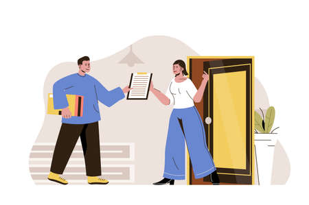 Home delivery concept. Courier carrying parcel to customer door situation. Express shipping, delivery service people scene. Vector illustration with flat character design for website and mobile siteのイラスト素材