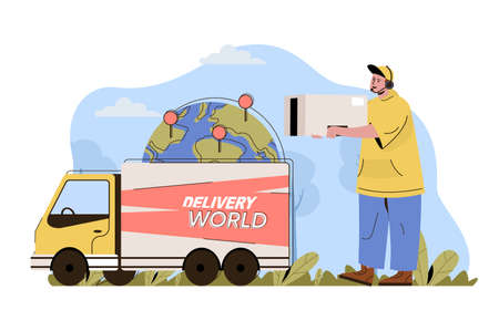 International delivery concept. Courier carries box, truck delivers parcels world situation. Global logistics people scene. Vector illustration with flat character design for website and mobile siteのイラスト素材