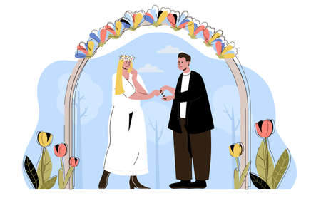 Wedding ceremony concept. Bride and groom exchange rings, couple get married situation. Love relationships people scene. Vector illustration with flat character design for website and mobile siteのイラスト素材