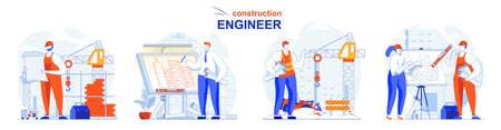 Construction engineer concept set. Architect with plan, contractor works on site. People isolated...