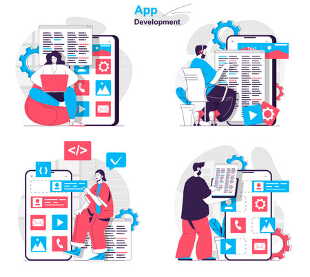 App development concept set. Developers write code, testing, create page layout. People isolated scenes in flat design. Vector illustration for blogging, website, mobile app, promotional materials.のイラスト素材