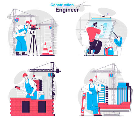 Construction engineer concept set. Surveyor, architect, builder and foreman work. People isolated scenes in flat design. Vector illustration for blogging, website, mobile app, promotional materials.のイラスト素材