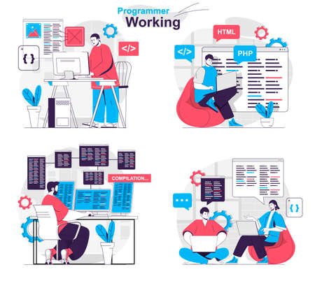 Programmer working concept set. Developer creates software and tests programs. People isolated scenes in flat design. Vector illustration for blogging, website, mobile app, promotional materials.のイラスト素材
