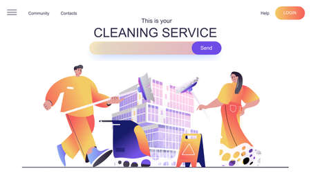 Cleaning service web concept for landing page. Cleaning team with mops, bringing order and cleanliness in office and at home banner template. Vector illustration for web page in flat cartoon designのイラスト素材