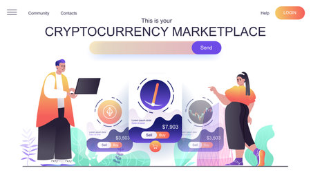 Cryptocurrency marketplace web concept for landing page. Man and woman buy or sell crypto money, mining bitcoins, making money banner template. Vector illustration for web page in flat cartoon designのイラスト素材