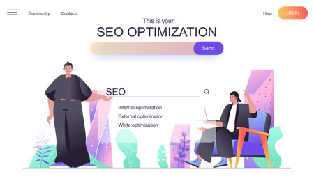 Seo optimization web concept for landing page. Man and woman set up search engine, keywords, search queries and website traffic banner template. Vector illustration for web page in flat cartoon designのイラスト素材