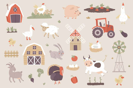 Livestock farm isolated objects set. Collection of pig, cow, sheep, goat, chicken, goose, turkey, rabbit, tractor, vegetables in garden, farming. Vector illustration of design elements in flat cartoonのイラスト素材