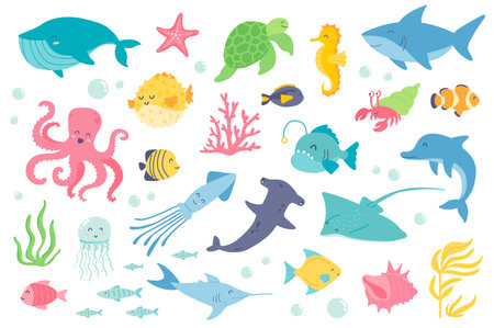 Underwater animal and fishes isolated objects set. Collection of whale, starfish, turtle, seahorse, shark, octopus, jellyfish, dolphin, coral. Vector illustration of design elements in flat cartoonのイラスト素材