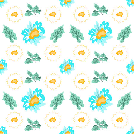 Summer flowers and leaves pattern seamless. Abstract white and blue flowers, green twigs and leaves...