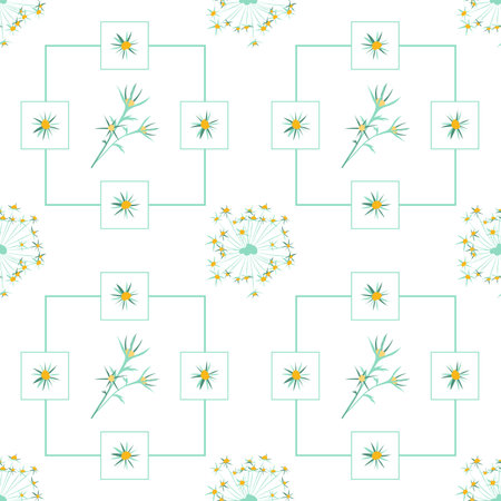 Summer flowers and leaves pattern seamless. Abstract blue flowers and green twigs in square...