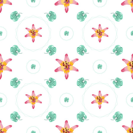 Summer flowers and leaves pattern seamless. Pink lily flower petals and green leaves in circle...