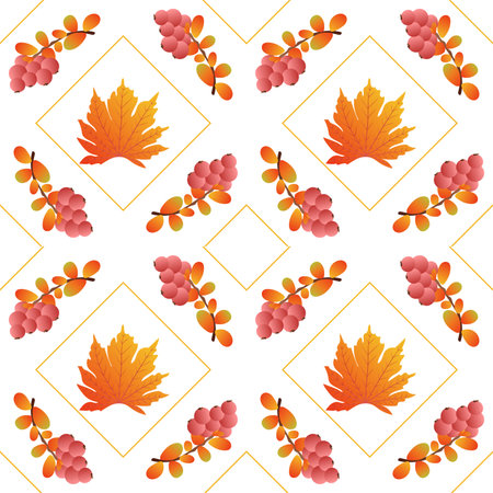 Autumn leaves pattern seamless. Abstract red berries and orange maple leaves in square shapes at endless ornate backdrop. Seasonal leafage botanical wallpaper. Vector illustration with floral textureのイラスト素材