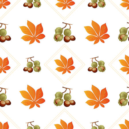 Autumn leaves pattern seamless. Chestnut fruits and orange leaves in geometric shapes at endless ornate backdrop. Seasonal leafage at botanical wallpaper. Vector illustration with floral textureのイラスト素材