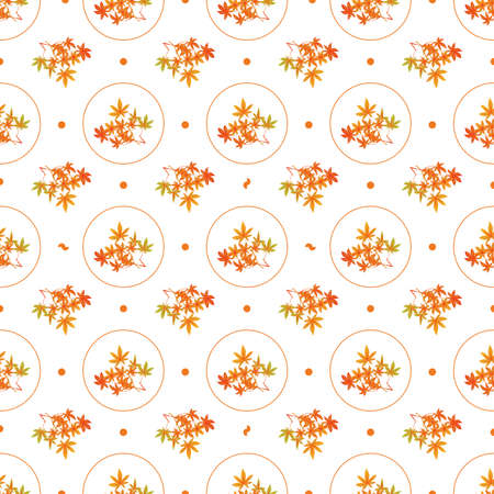 Autumn leaves pattern seamless. Orange fall chestnut leaves on branches in circle shapes at endless ornate backdrop. Seasonal forest nature botanical wallpaper. Vector illustration with floral textureのイラスト素材