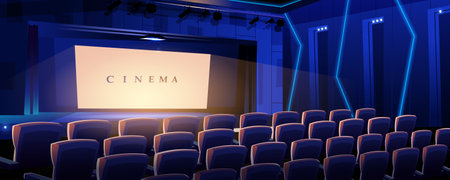 Cinema landing page. Movie concert hall with rows of armchairs and luminous screen interior. Film and cinematography, entertainment and leisure web banner background. Cartoon vector illustration.のイラスト素材