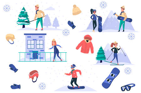 Winter sports isolated elements set. Bundle of men and women skate, ski or snowboard, play hockey, clothing and equipment for activities. Creator kit for vector illustration in flat cartoon designのイラスト素材
