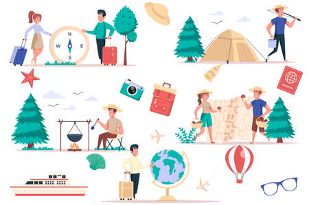 Tourism and camping isolated elements set. Bundle of people go on hike, relax with tents in nature, pick mushrooms, cooking, travel world. Creator kit for vector illustration in flat cartoon designのイラスト素材