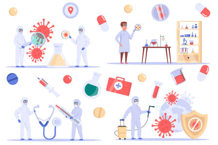 Coronavirus isolated elements set. Bundle of scientists study virus in laboratory, develop cure, create vaccine and fight covid 19 disease. Creator kit for vector illustration in flat cartoon designのイラスト素材