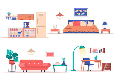 Room interior design isolated elements set. Bundle of stylish furniture, plants and decor in kitchen, bedroom, living room and home office. Creator kit for vector illustration in flat cartoon designのイラスト素材