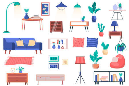 Furniture, house plants and decor isolated elements set. Bundle of sofa with pillows, tables, lamps, pillows, shelves, paintings and other. Creator kit for vector illustration in flat cartoon designのイラスト素材
