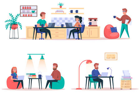 Coworking center isolated elements set. Bundle of employees work in open office, freelancers with laptops perform work tasks, organization. Creator kit for vector illustration in flat cartoon designのイラスト素材