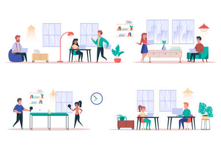 Coworking center isolated elements set. Bundle of colleagues work together, meetings, complete tasks, work on laptops, playing table tennis. Creator kit for vector illustration in flat cartoon designのイラスト素材