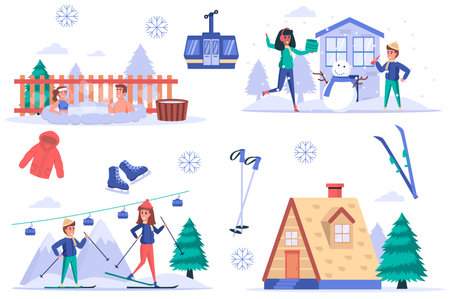 Ski resort isolated elements set. Bundle of people rest in mountains in winter, swim in hot bathtub, make snowman, go skiing and funicular. Creator kit for vector illustration in flat cartoon designのイラスト素材