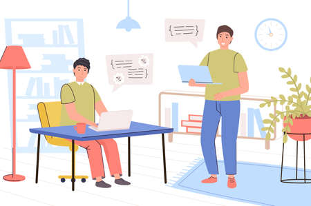 Programmers working at office concept. Developers team work on laptops, program in different languages, write code, optimize programs, creating software. Vector illustration in trendy flat designのイラスト素材