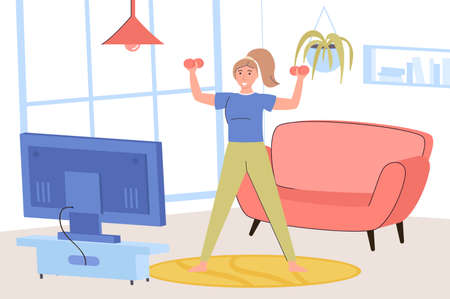 Fitness at home concept. Happy woman exercising with dumbbells and watching video lesson with workout, engaging in sports activity in living room with TV. Vector illustration in trendy flat designのイラスト素材