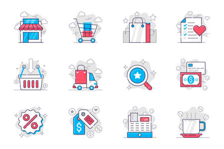 Shopping concept flat line icons set. Make and pay for purchases at sales. Bundle of shop, bag, wish list, delivery, search, discount and other. Vector conceptual pack outline symbols for mobile appのイラスト素材