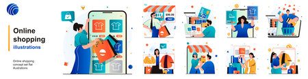 Online shopping isolated set. Customers choose and pay for purchases on site. People collection of...