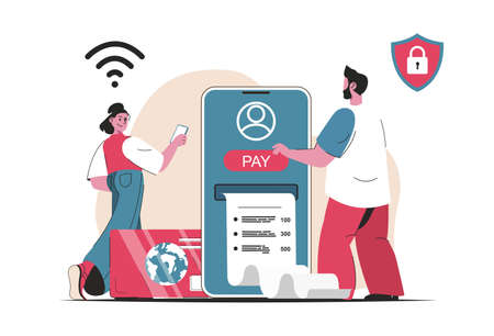 Online payment concept isolated. Payment by card and banking services in mobile app. People scene in flat cartoon design. Vector illustration for blogging, website, mobile app, promotional materials.のイラスト素材