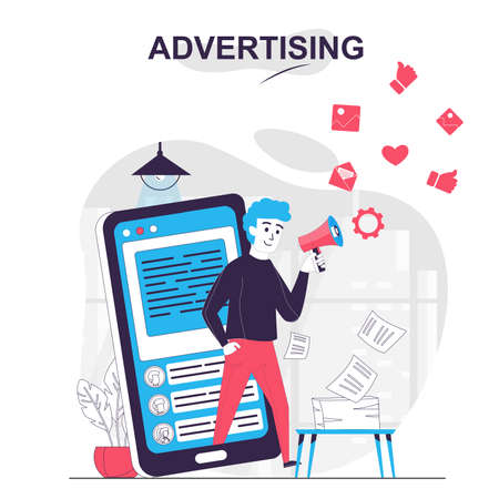 Advertising isolated cartoon concept. Man attracts clients in social media at mobile app, people scene in flat design. Vector illustration for blogging, website, mobile app, promotional materials.のイラスト素材