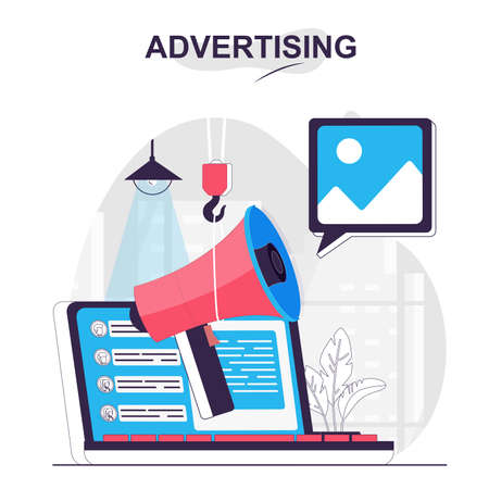 Advertising isolated cartoon concept. Digital marketing and online promotion strategy, people scene in flat design. Vector illustration for blogging, website, mobile app, promotional materials.のイラスト素材