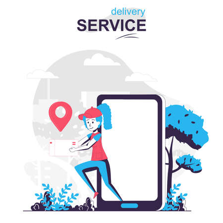 Delivery service isolated cartoon concept. Woman courier holding parcel and carries to client people scene in flat design. Vector illustration for blogging, website, mobile app, promotional materials.のイラスト素材