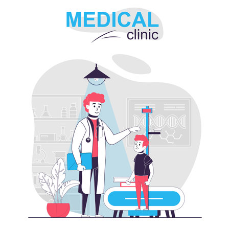 Medical clinic isolated cartoon concept. Pediatrician measures boy height, examines patient, people scene in flat design. Vector illustration for blogging, website, mobile app, promotional materials.のイラスト素材