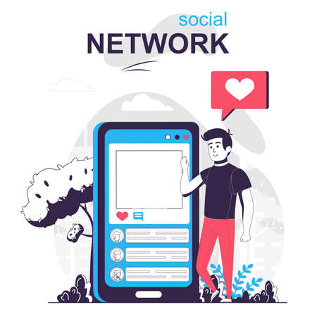 Social network isolated cartoon concept. Man uses social media, chats in mobile application, people scene in flat design. Vector illustration for blogging, website, mobile app, promotional materials.のイラスト素材
