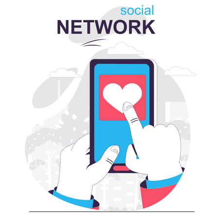 Social network isolated cartoon concept. Online communication, posts and likes in mobile app, people scene in flat design. Vector illustration for blogging, website, mobile app, promotional materials.のイラスト素材