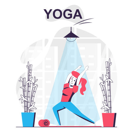 Yoga training isolated cartoon concept. Woman practicing asana, doing balance exercises, people scene in flat design. Vector illustration for blogging, website, mobile app, promotional materials.のイラスト素材