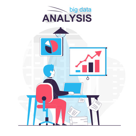 Big data analysis isolated cartoon concept. Analyst works with graphs and charts at office, people scene in flat design. Vector illustration for blogging, website, mobile app, promotional materials.のイラスト素材