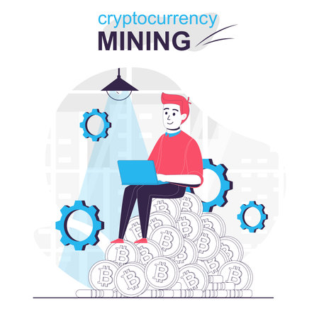 Cryptocurrency mining isolated cartoon concept. Man makes digital money in crypto business, people...