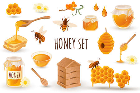 Honey production icon set in realistic 3d design. Bundle of bees, honeycomb, apiary, toast, beehive, jar with honey and other. Beekeeping collection. Vector illustration isolated on white backgroundのイラスト素材