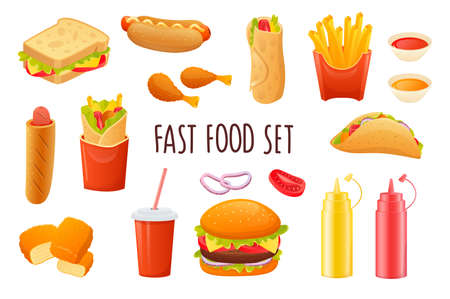 Fast food icon set in realistic 3d design. Bundle of sandwich, hot dog, fries, tacos, soda, hamburger, sauces and other. Unhealthy menu collection. Vector illustration isolated on white backgroundのイラスト素材