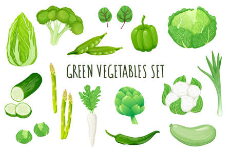 Green vegetables icon set in realistic 3d design. Bundle of cabbage, broccoli, peas, pepper, cucumber, zucchini and other. Vegetarian menu collection. Vector illustration isolated on white backgroundのイラスト素材