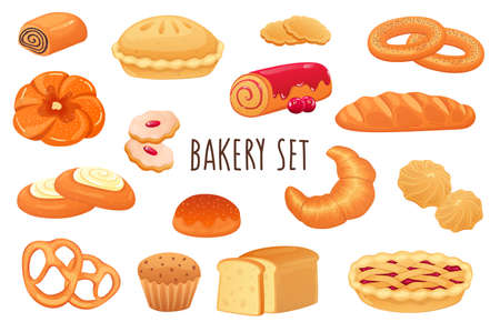 Bakery icon set in realistic 3d design. Bundle of sweet rolls, pie, cookies, muffins, croissant, fresh bread, bun and other. Baking menu collection. Vector illustration isolated on white backgroundのイラスト素材